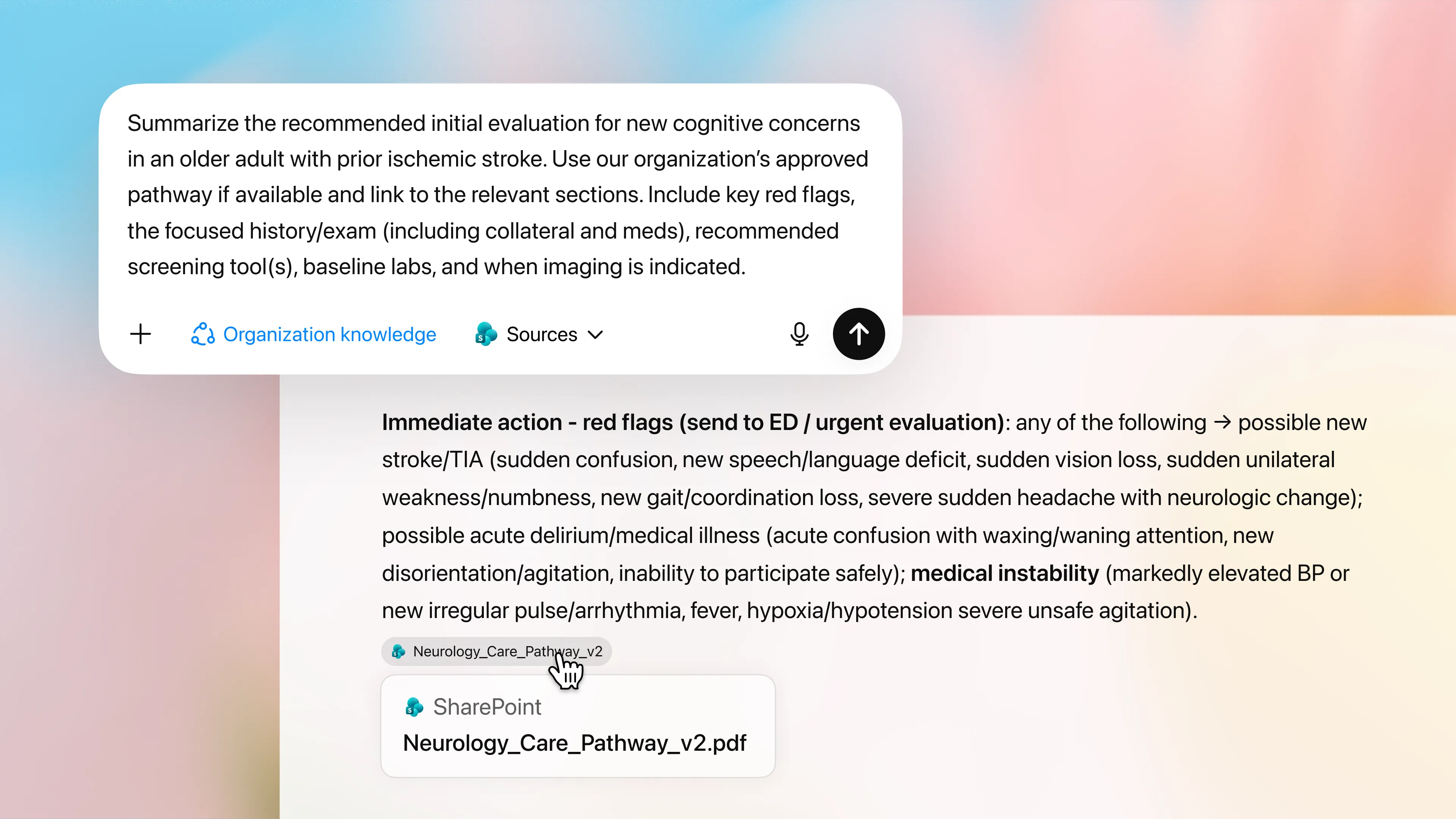 Clinical support interface showing a prompt to summarize evaluation steps for cognitive concerns after stroke, with organization knowledge, cited sources, red-flag guidance, and a linked neurology care pathway document.