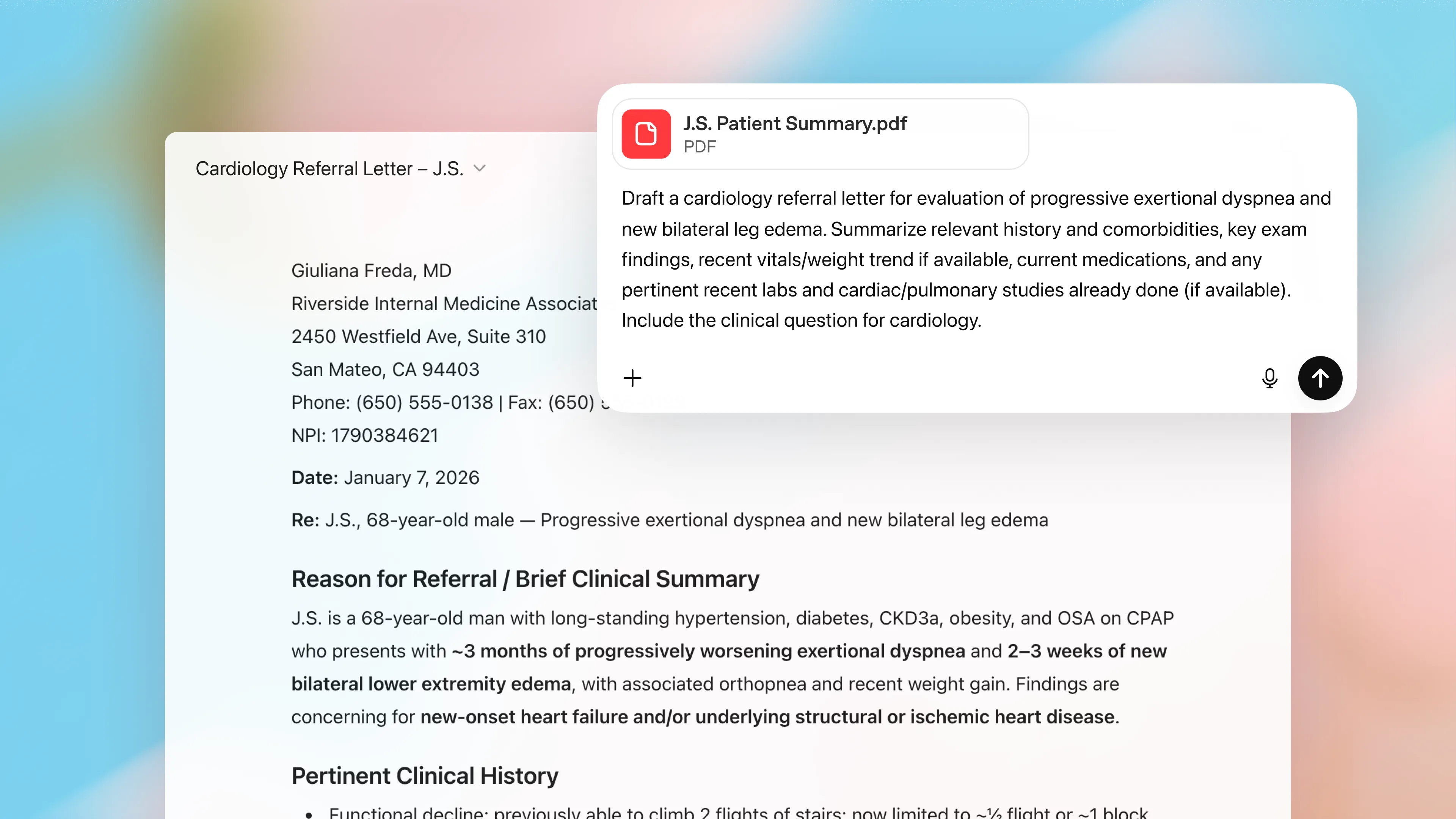 Chat interface drafting a cardiology referral letter from a patient summary PDF, with the formatted referral letter preview shown behind.