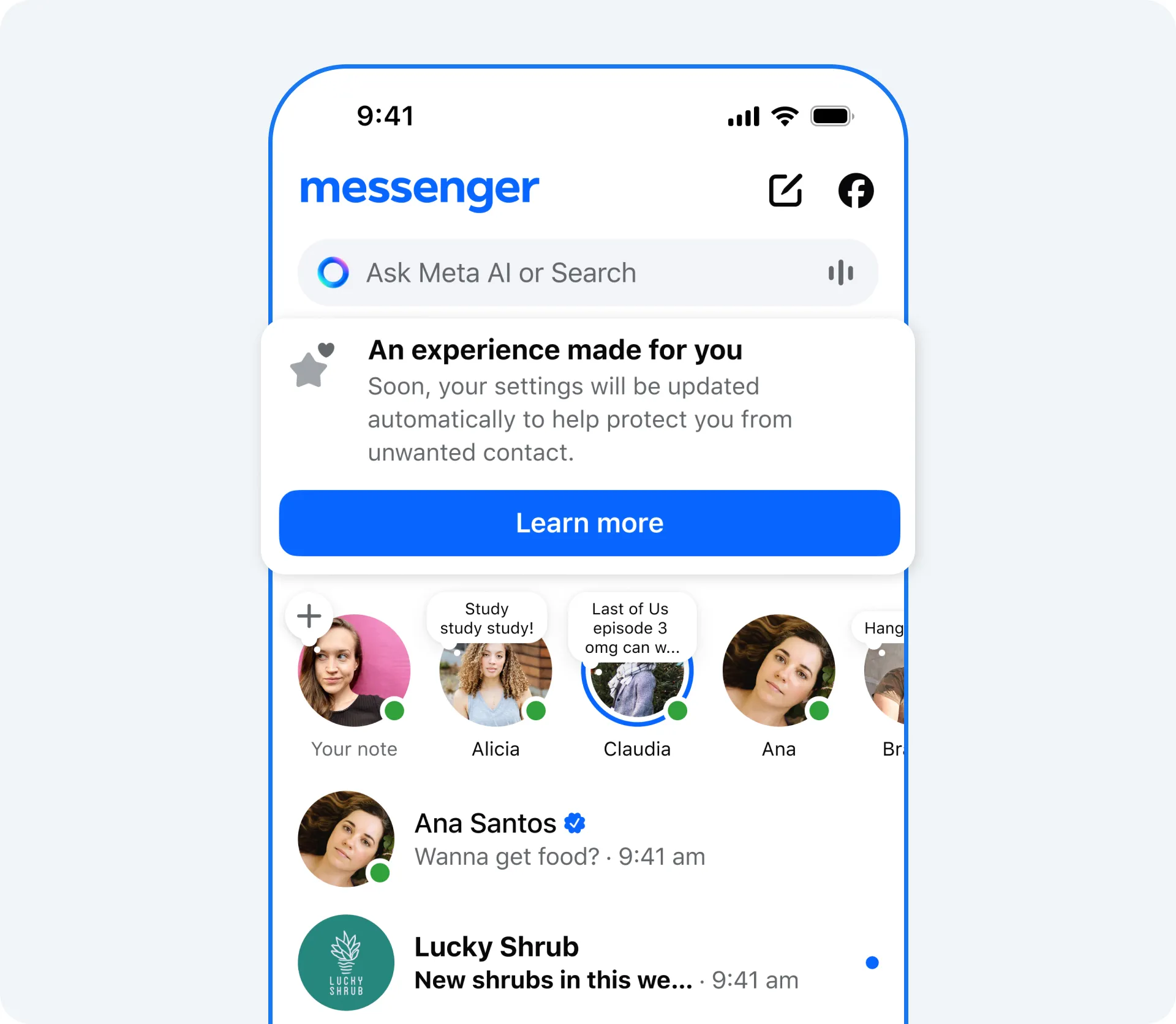 Screen showing Messenger Teen Accounts UI