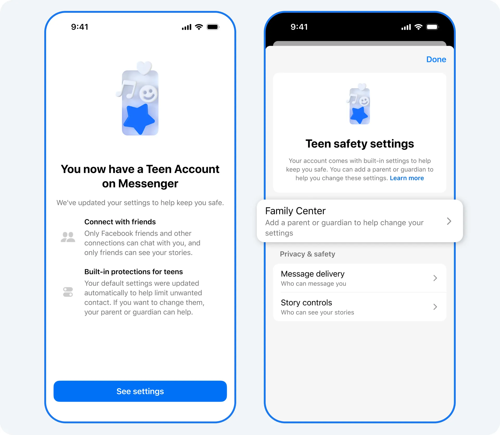 Screen showing Messenger Teen Accounts UI