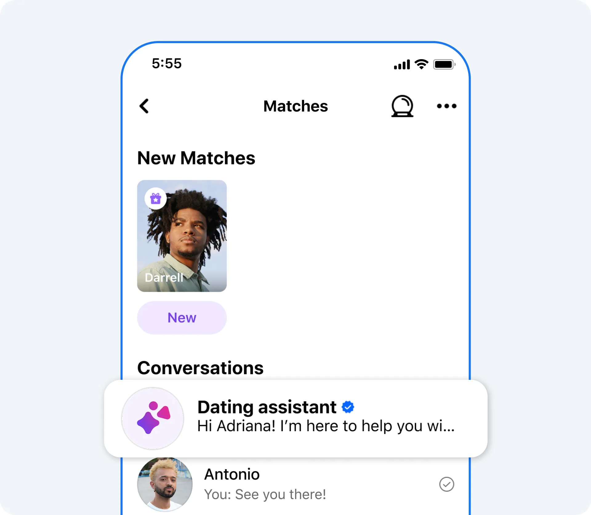 Screen showing Dating Assistant UI