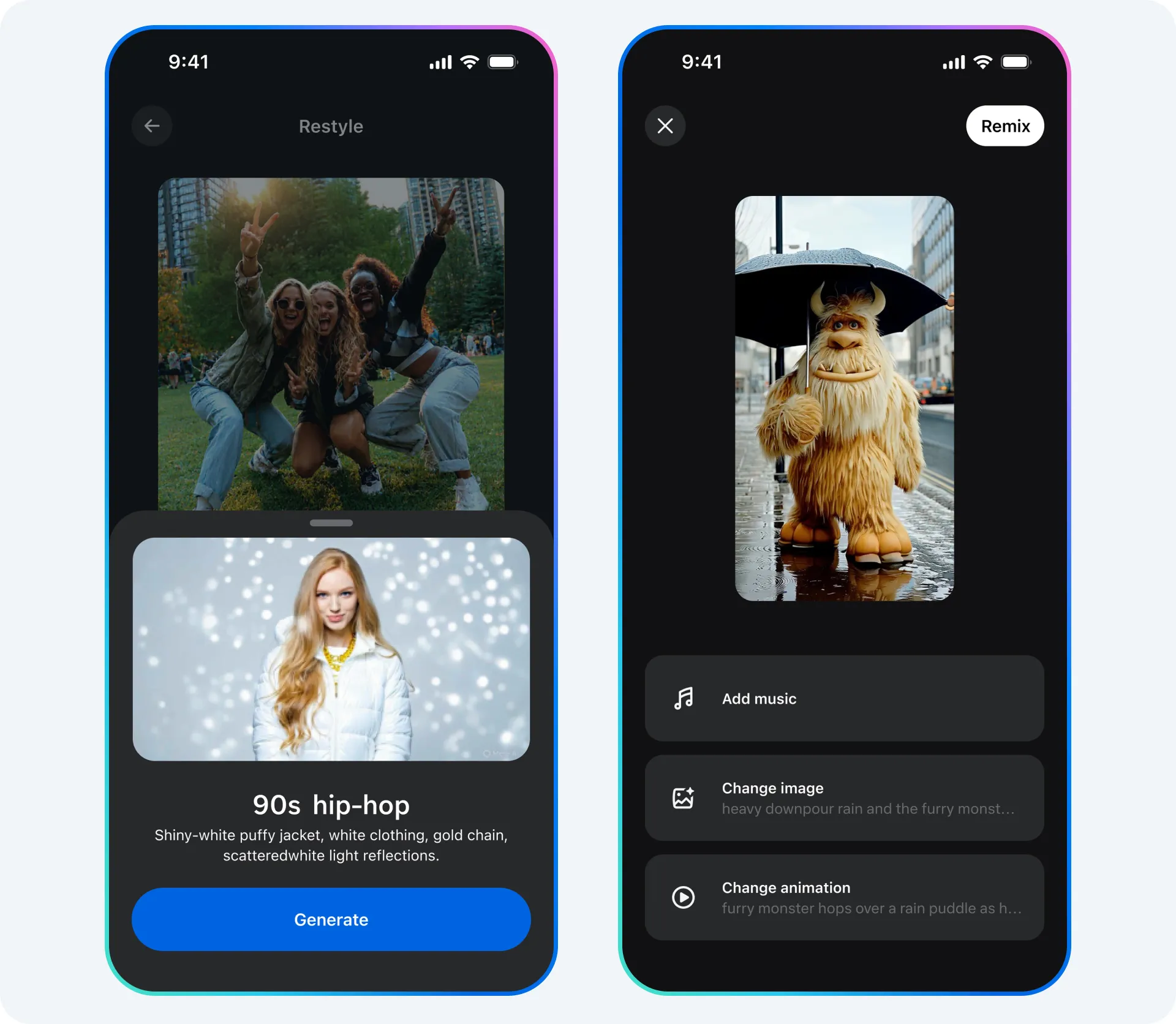 Two phone screens showing how to edit photos and videos on Vibes