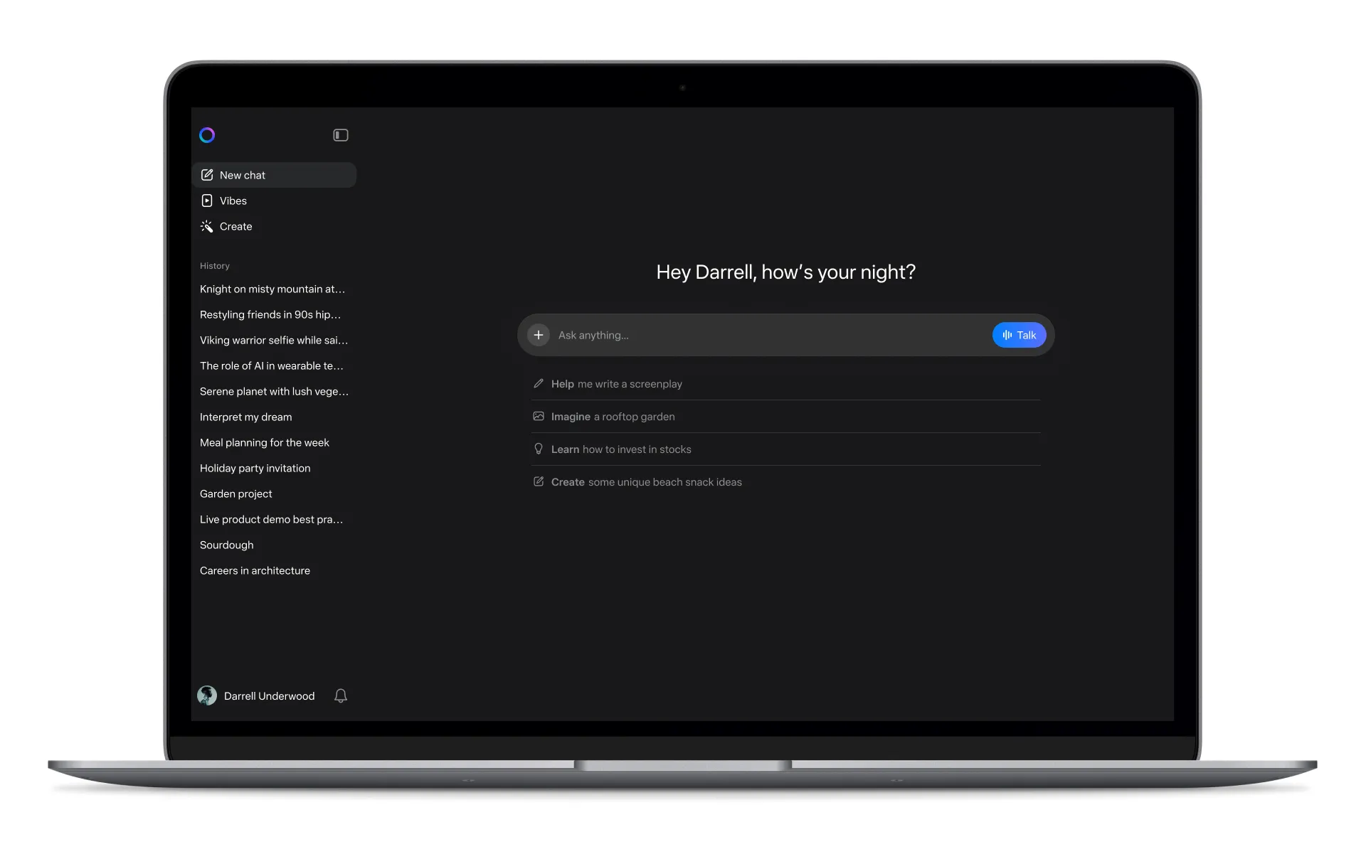 Laptop screen showing Meta AI app UI with the prompt, "Hey Darrell, how's your night?"