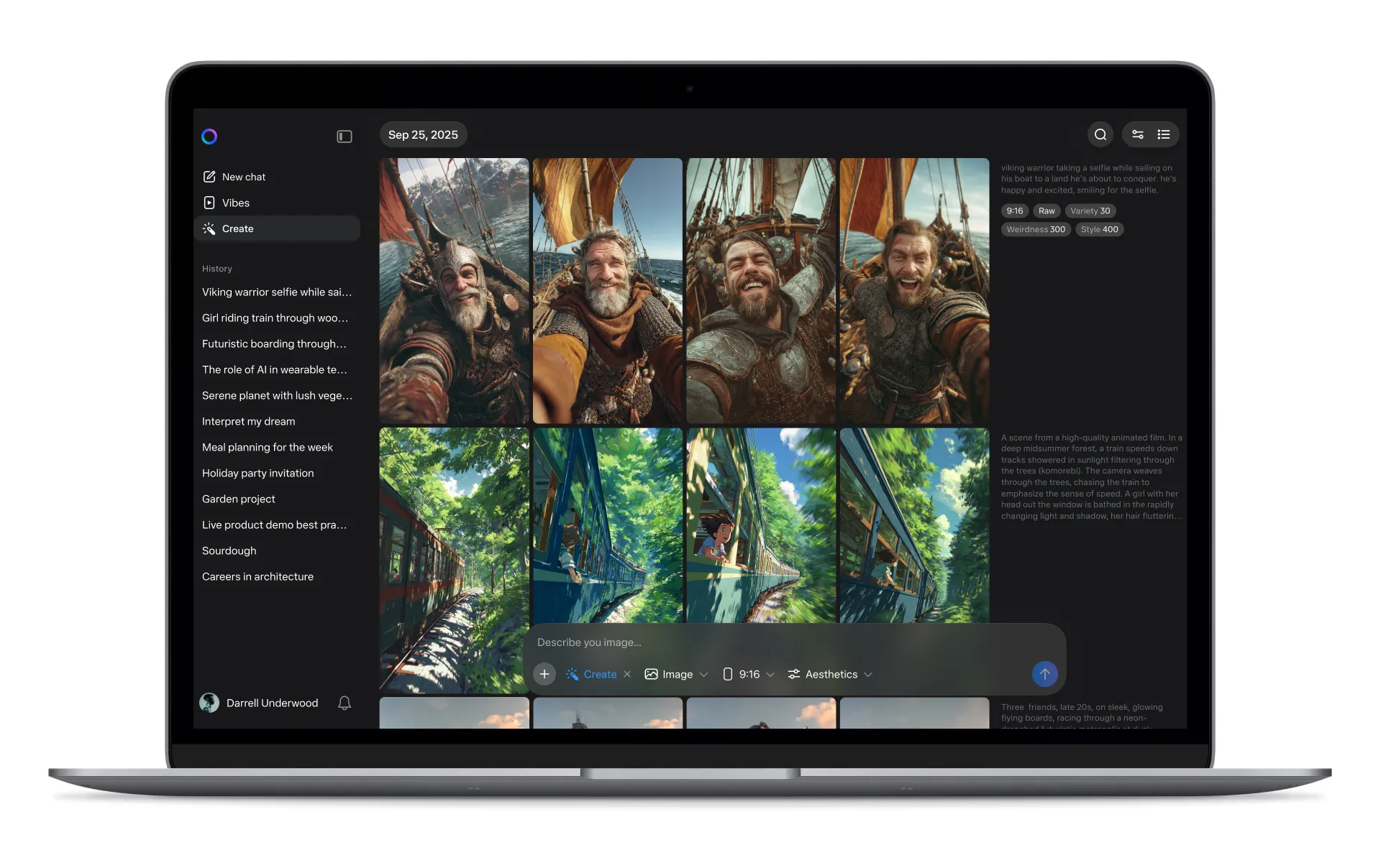 Laptop screen showing various edits of two images in the Meta AI app. One is a viking on a boat and the other is a child on a train.