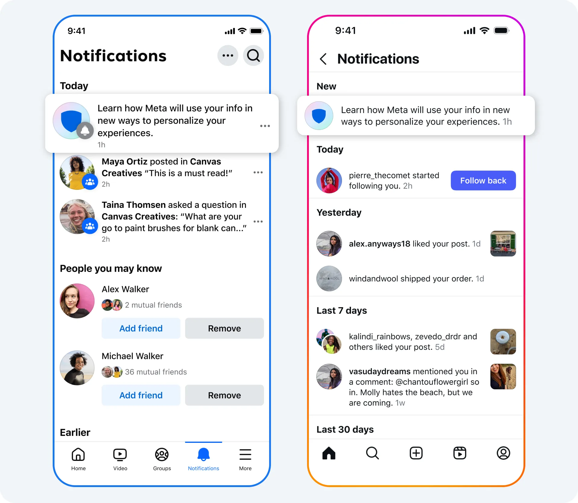Examples of notifications seen on Instagram and Facebook