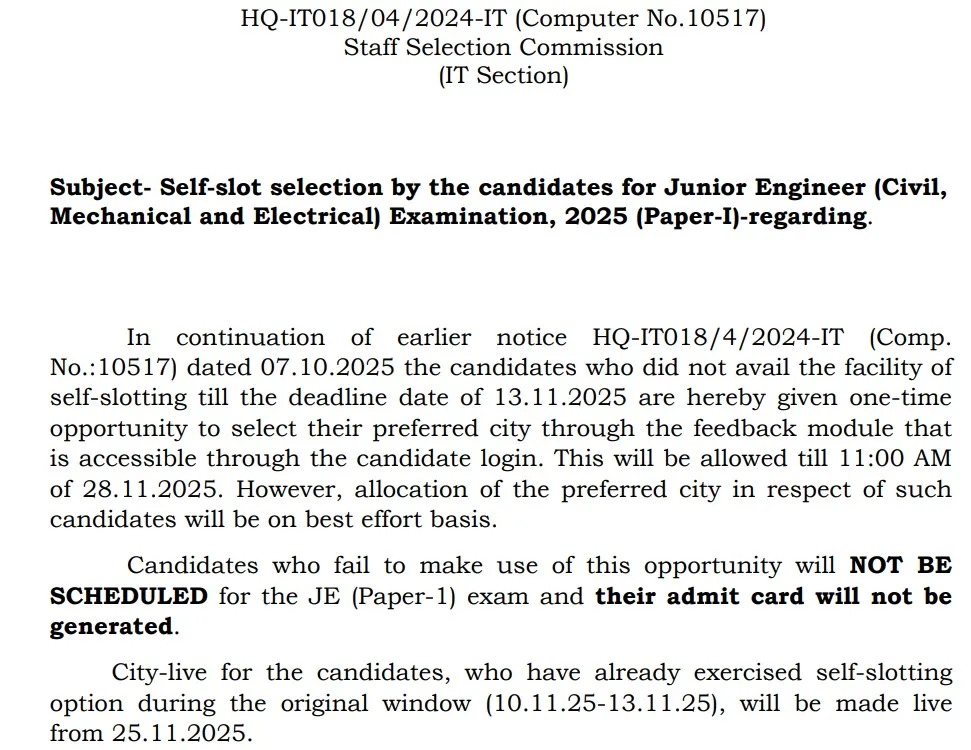 ssc je self slot booking