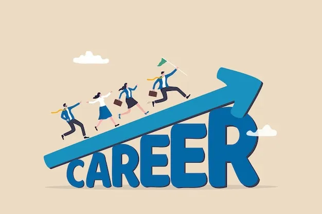 Career growth or career development improvement or progress to success in  work job promotion and salary increase concept cheerful businessman and  woman running on growing arrow on the word Career | Premium