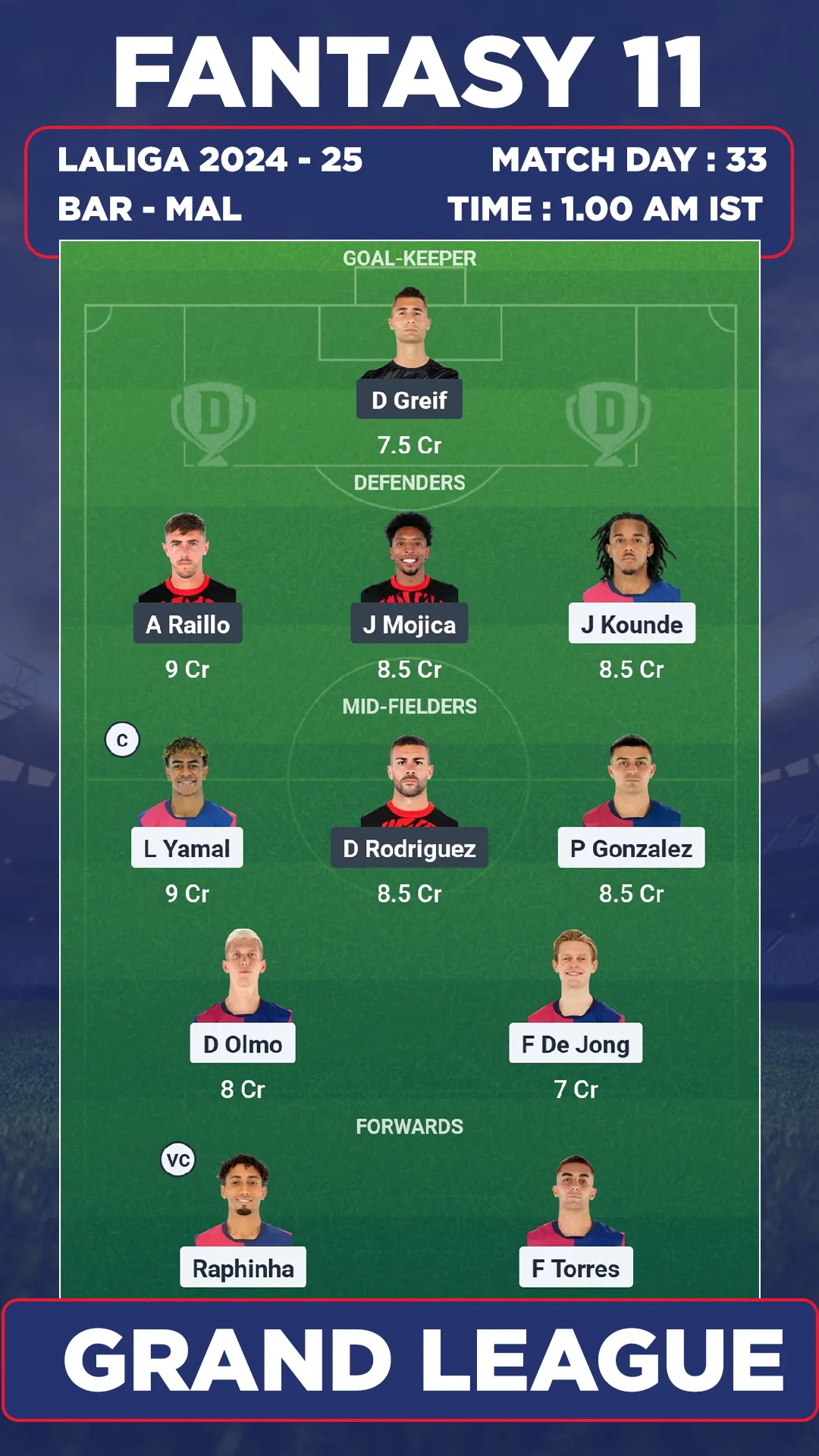 BAR vs MAL Dream11