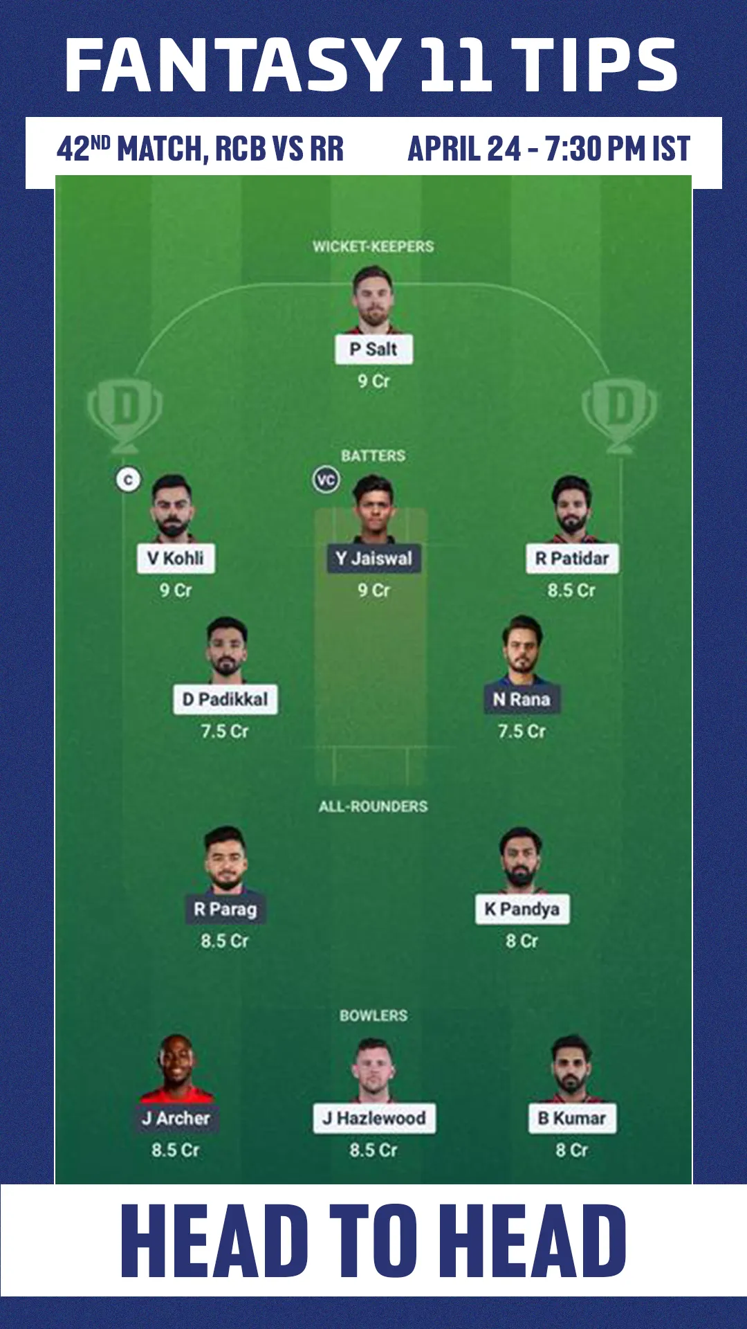 RCB vs RR dream 11 prediction