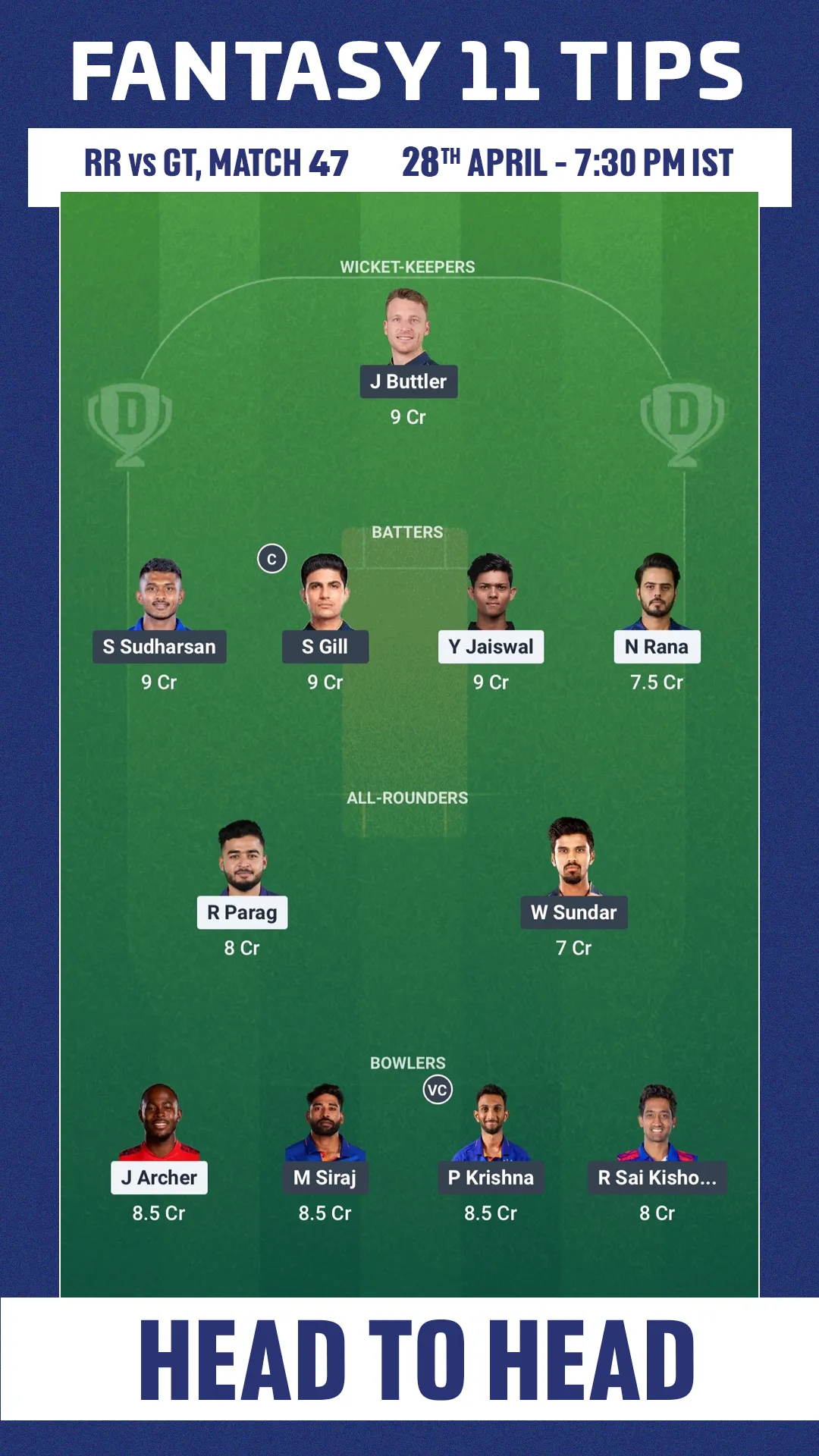 RR vs GT dream 11