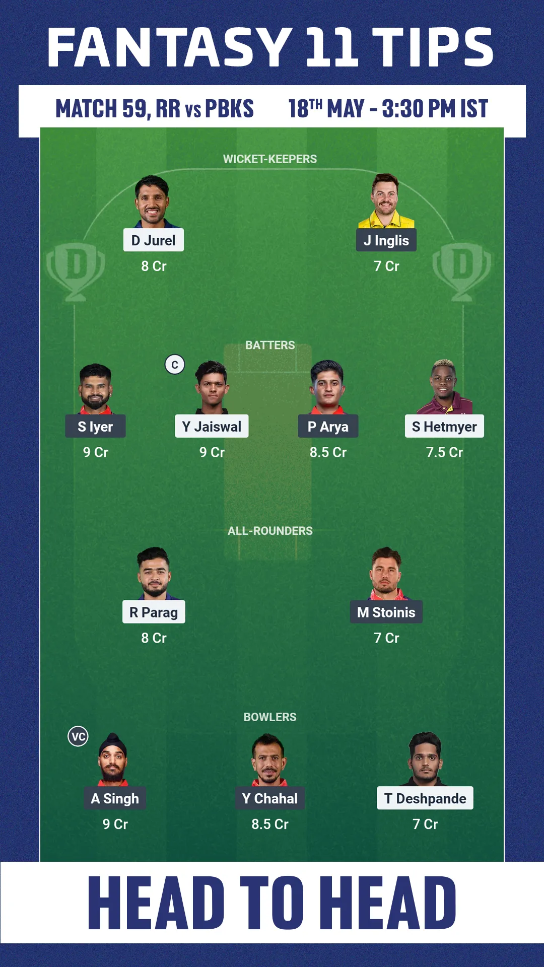 RR VS PBKS DREAM11 PREDICTION,