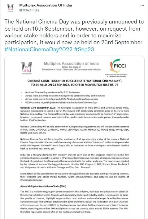 Multiplex Association Declares National Cinema Day