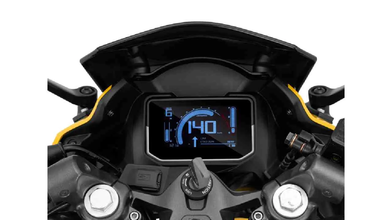 The bike comes with a display LCD speedometer with segment-first turn-by-turn navigation, incoming call and MMS alerts, battery status, range and gear position indicator, low fuel indicator, ambient light sensor, gear shift indicator, trip Are. meter, and a cell(mobile) charging port.