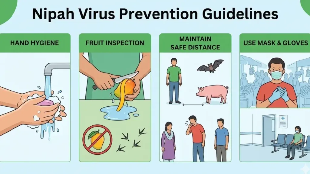 What to do for prevention?</p>
<p>Since there is currently no vaccine available for Nipah, caution is the best prevention:</p>
<p>Hand hygiene - Wash your hands regularly with soap and water. Fruit inspection - Only consume fruits that have been thoroughly washed and peeled. Do not eat fruits that have fallen on the ground or have been pecked at by birds.</p>
<p>Maintain a safe distance &ndash; if there are infection cases in your area, maintain a safe distance from animals such as pigs and bats, and from infected individuals.</p>
<p>Nipah Virus Cases