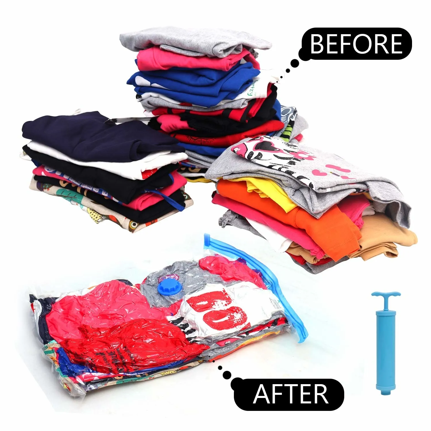 A pile of folded clothes lying next to a much smaller bunch of clothes packed in a vaccuum bag