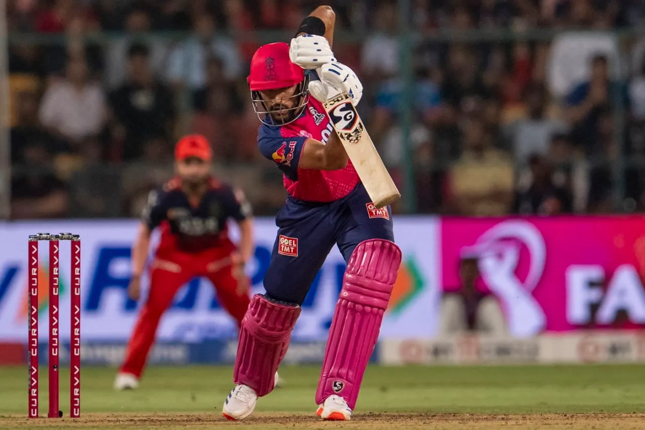 Dhruv Jurel plays one down the ground, Royal Challengers Bengaluru vs Rajasthan Royals, IPL, Bengaluru, April 24, 2025