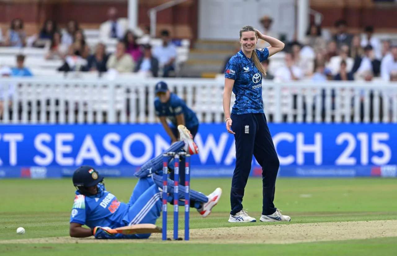 Lauren Bell reacts after hitting a batter, England vs India, 2nd women's ODI, Lord's, London, July 19, 2025