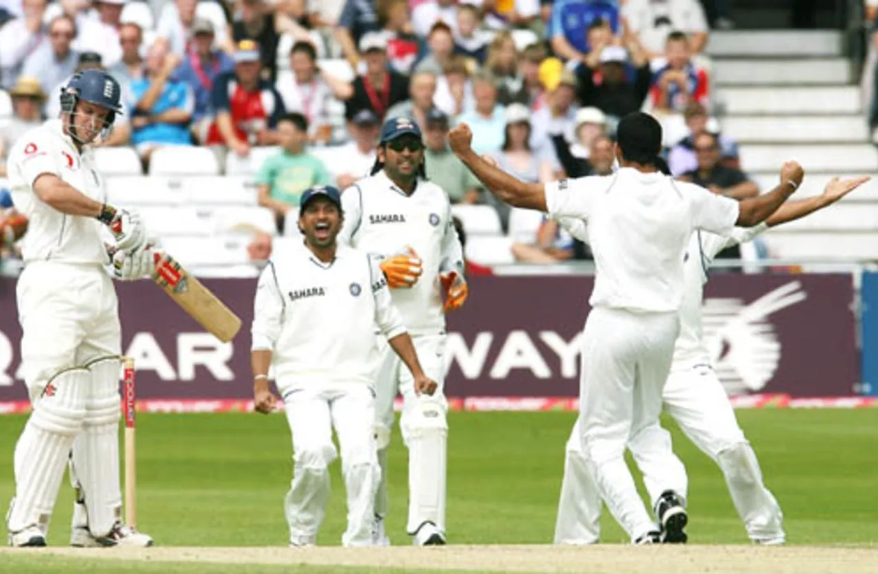 The Indians celebrate Andrew Strauss' wicket, England v India, 2nd Test, Trent Bridge, 4th day, July 30, 2007