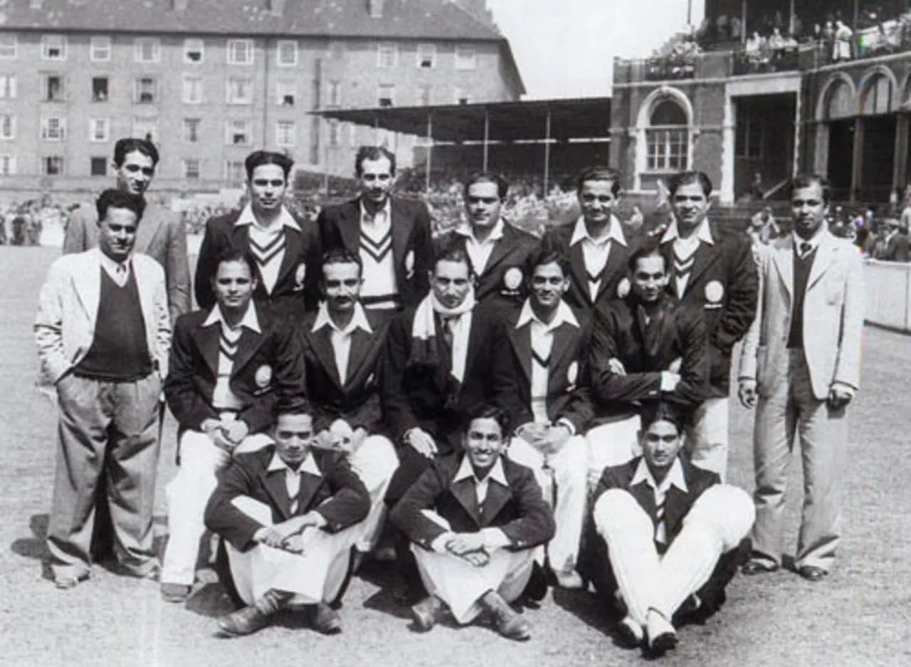 The 1946 Indian touring squad: Back row L to R: Abdul Hafeez Kardar,- S.W. Sohoni; R.S. Modi; R.B. Nimbalkar,- V.S. Hazare; Vinoo Mankad- D.D.Hindlekar, Middle row, L to R: P. Gupta (manager); S. Banerjee; V.M. Merchant, Nawab of Pataudi; CS. Nayudu; Mushtaq Ali; Front row, L to R: S. G. Shinde; CT Sarwate; Gul Mohammed. The Oval, 1946