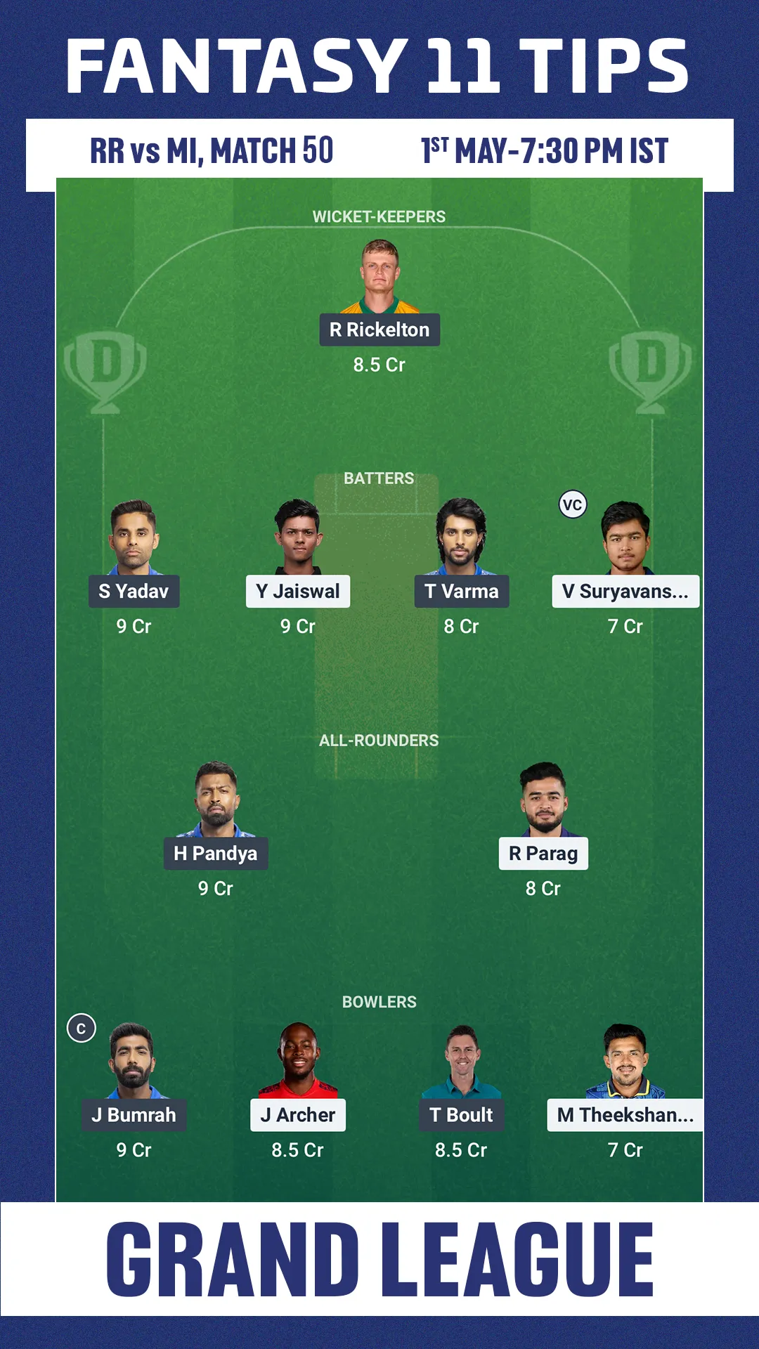 RR vs MI  Dream11 