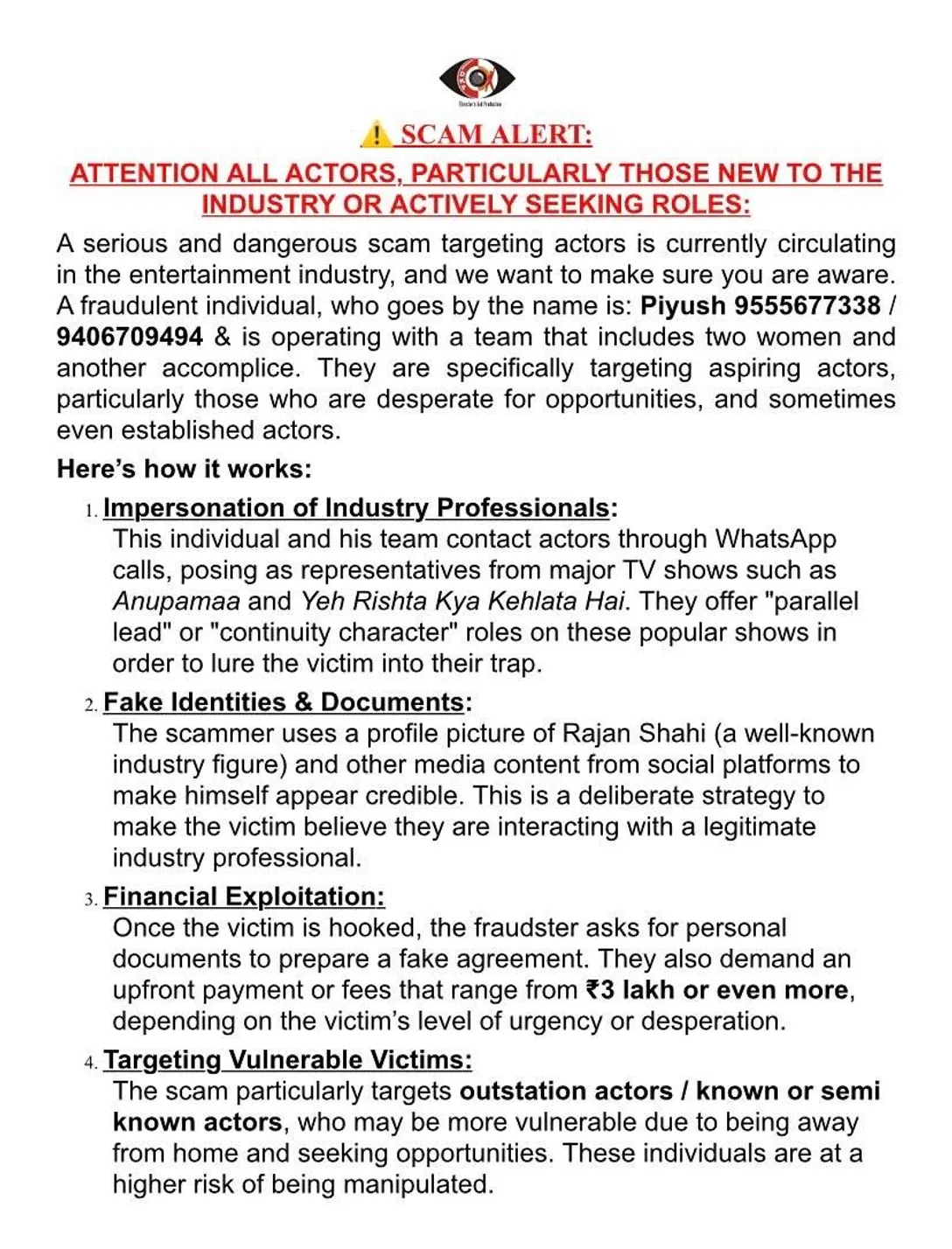 Director’s Kut Production Issues Scam Alert on Fake Casting Calls for Rajan Shahi