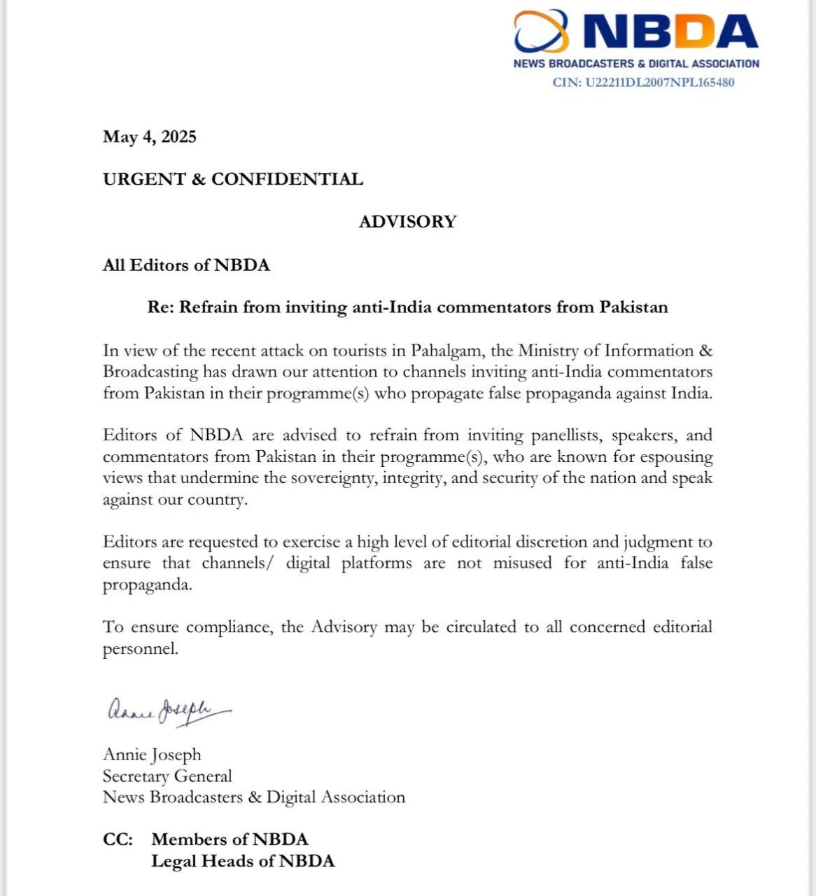 NBDA letter banning pakistani guests on news channels