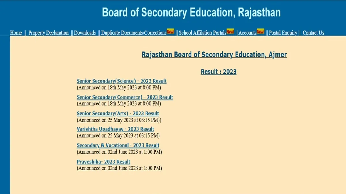 RBSE Rajasthan Board Result 2023