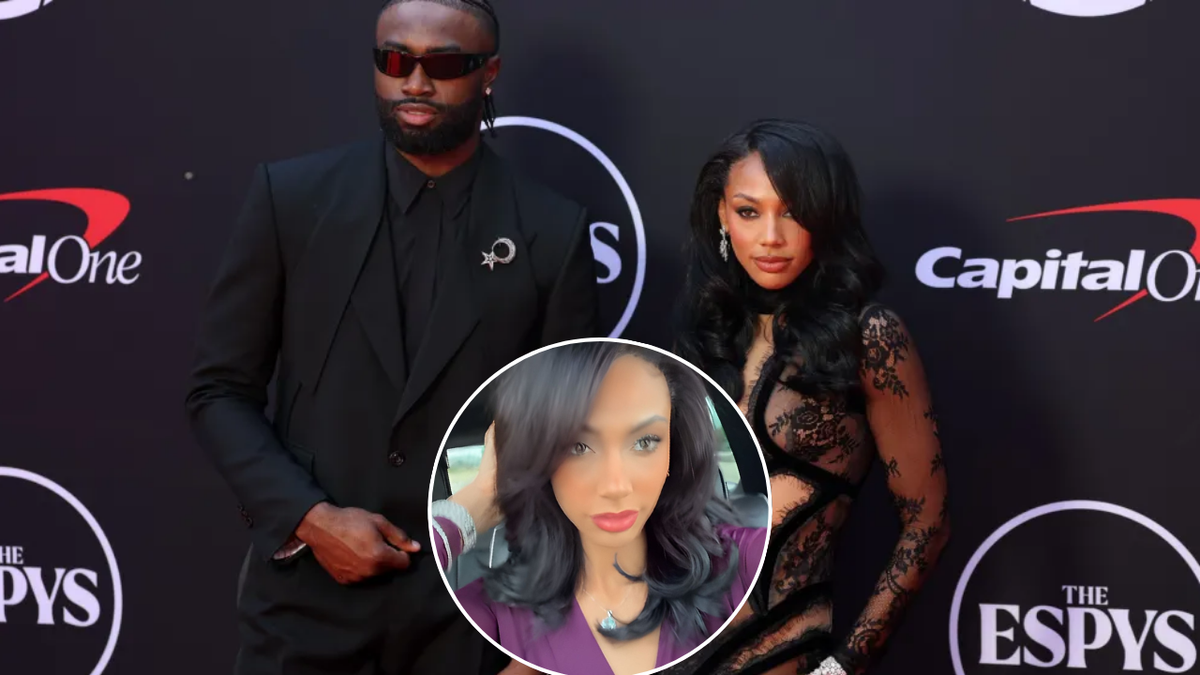 Jaylen Brown’s partner Kysre Gondrezick wears purple dress with bag