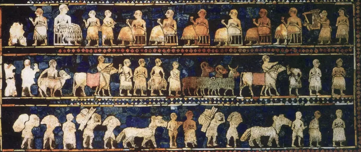 The Standard of Ur mosaic, from around 2500 BCE, shows scenes of feasting and fighting from ancient Mesopotamia. Wikimedia Commons