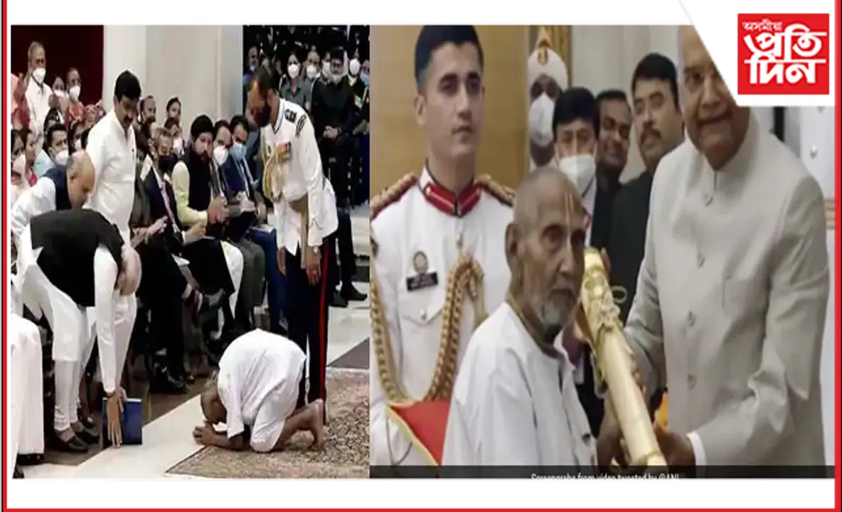 পিন্ধনত সাধাৰণ পোচাক; ১২৫ বছৰ বয়সীয়া যোগগুৰু স্বামী শিবানন্দই গ্ৰহণ কৰিলে পদ্মশ্ৰী…