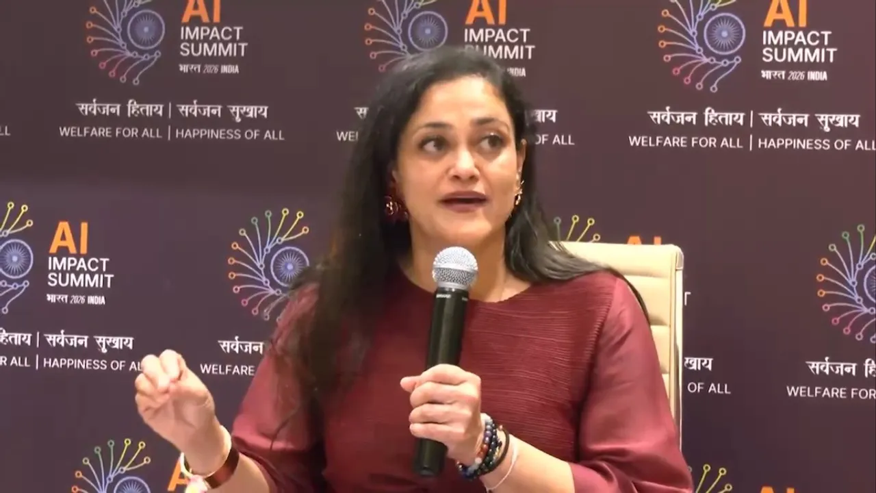 Kalli Purie speaking at the India AI Impact Summit 2026 at Bharat Mandapam in New Delhi on Monday, Feb 16, 2026
