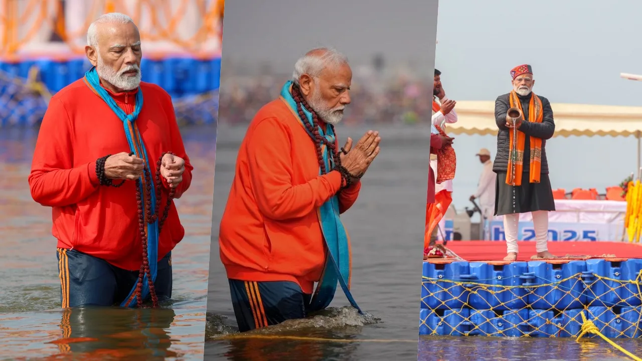  महाकुंभ में संगम के त्रिवेणी तट पर पूजा और स्नान करते पीएम मोदी। फोटोः X 