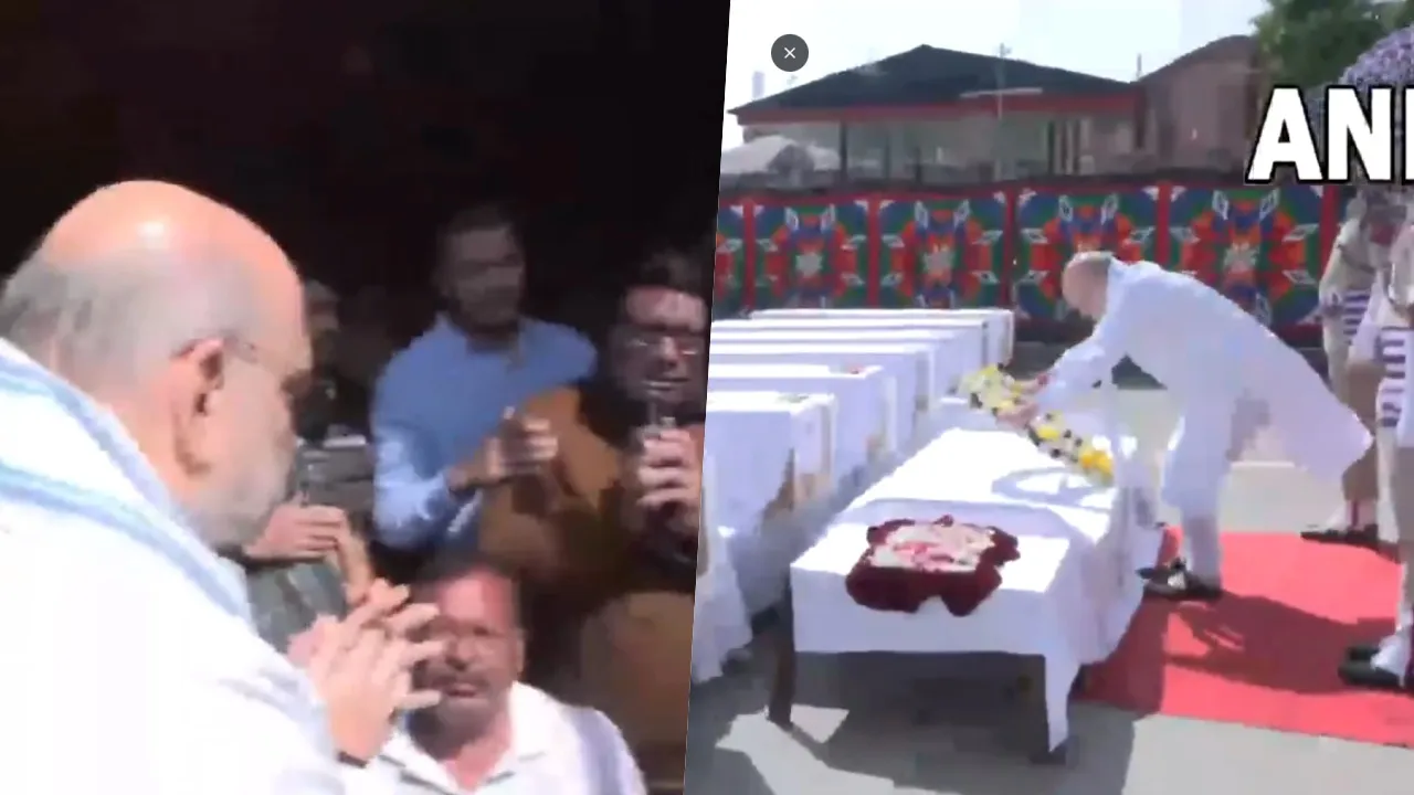  हमले में मारे गए लोगों के परिजोनों से अमित शाह ने की मुलाकात। फोटोः ANI VideoGrab 