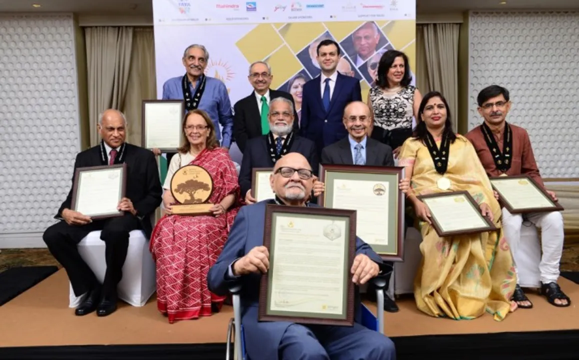   Mumbai: Godrej Group Chairman Adi Godrej, art patron Pheroza Godrej, Godrej Industries Ltd MD Nadir Godrej, his son Burjis Godrej and wife Rati Godrej and former ISRO Chairman K. Radhakrishnan at the the 29th Qimpro Awards in Mumbai on Nov 16, 2018. (Photo: IANS 