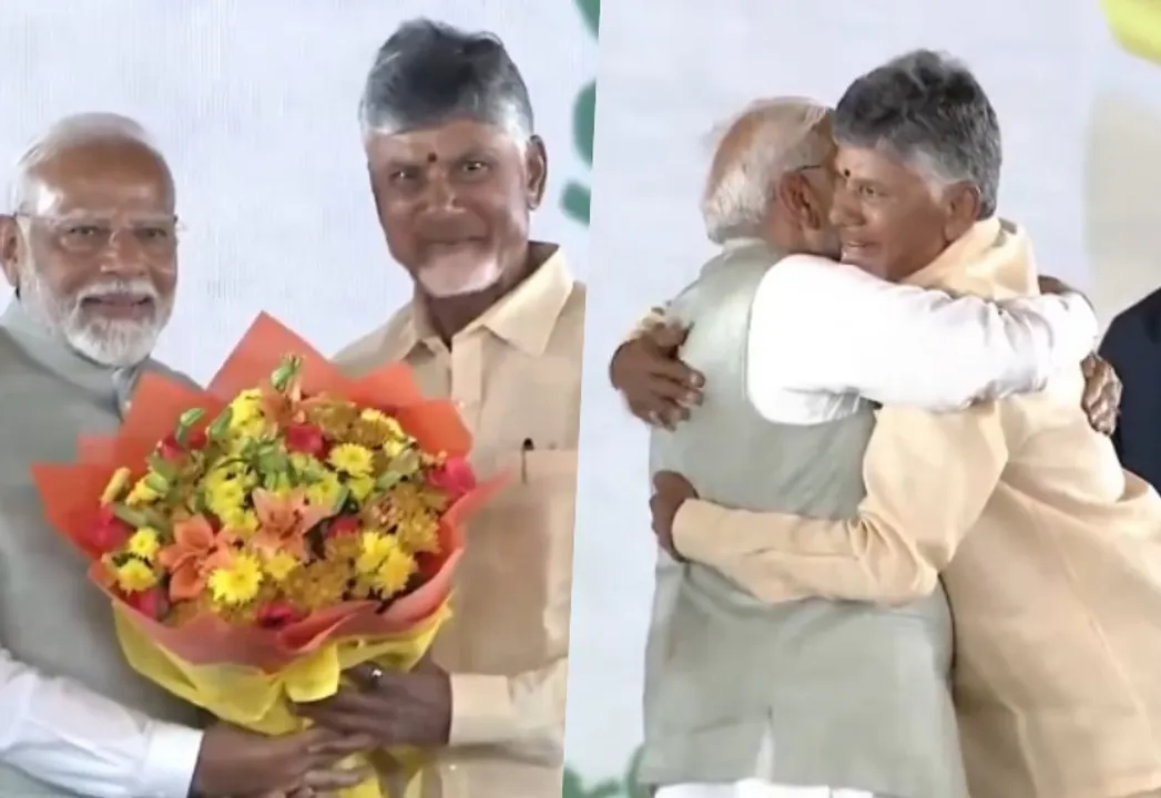  शपथ लेने के बाद चंद्रबाबू नाडयू ने पीएम नरेंद्र मोदी को गले लगा लिया। फोटोः IANS 