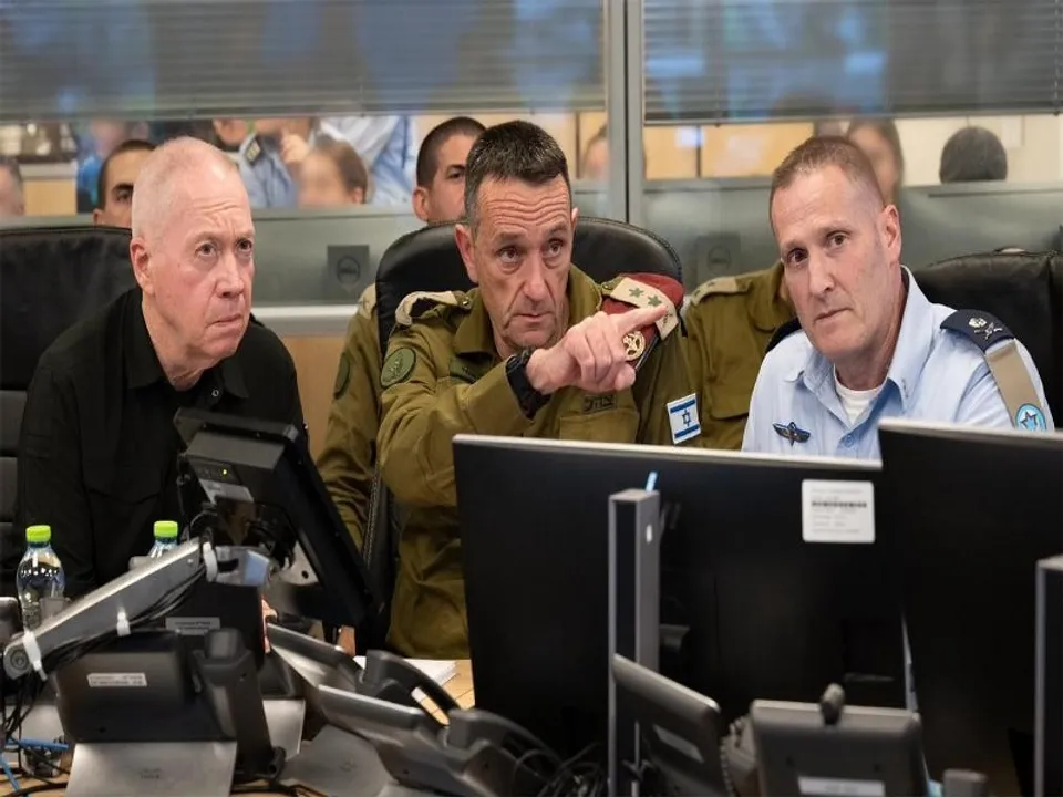  Israeli Defense Minister Yoav Gallant (1st L, front), Israel's military chief Herzi Halevi (C) and other officers are seen at an Israeli Air Force's command room during the airstrike targeting Hezbollah's headquarters in Israel, on Sept. 27, 2024. The Israel Defense Forces announced on Saturday the killing of Hassan Nasrallah, the leader of the Lebanese militant group Hezbollah, following Israel's airstrikes on the southern suburbs of Beirut. (IANS/Xinhua) 