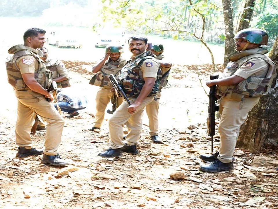  Udupi: Anti-Naxal Force (ANF) personnel at the site where a noted Naxal leader, Vikram Gowda, was killed during an encounter at Kabbinale in Hebri taluk, Udupi, on Tuesday, November 19, 2024. (Photo: IANS) 