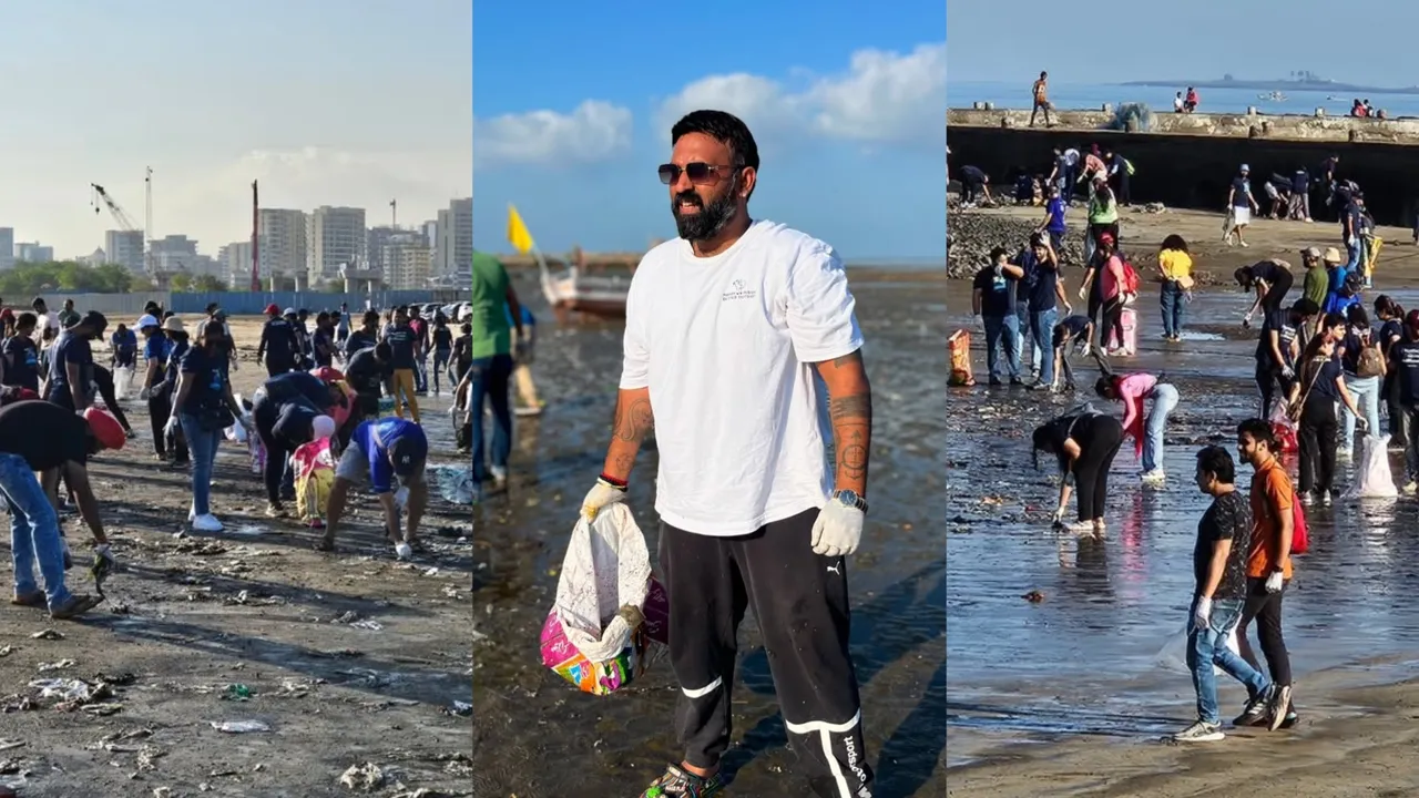 Chinu Kwatra (centre) and his volunteer team clean Dadar Beach
