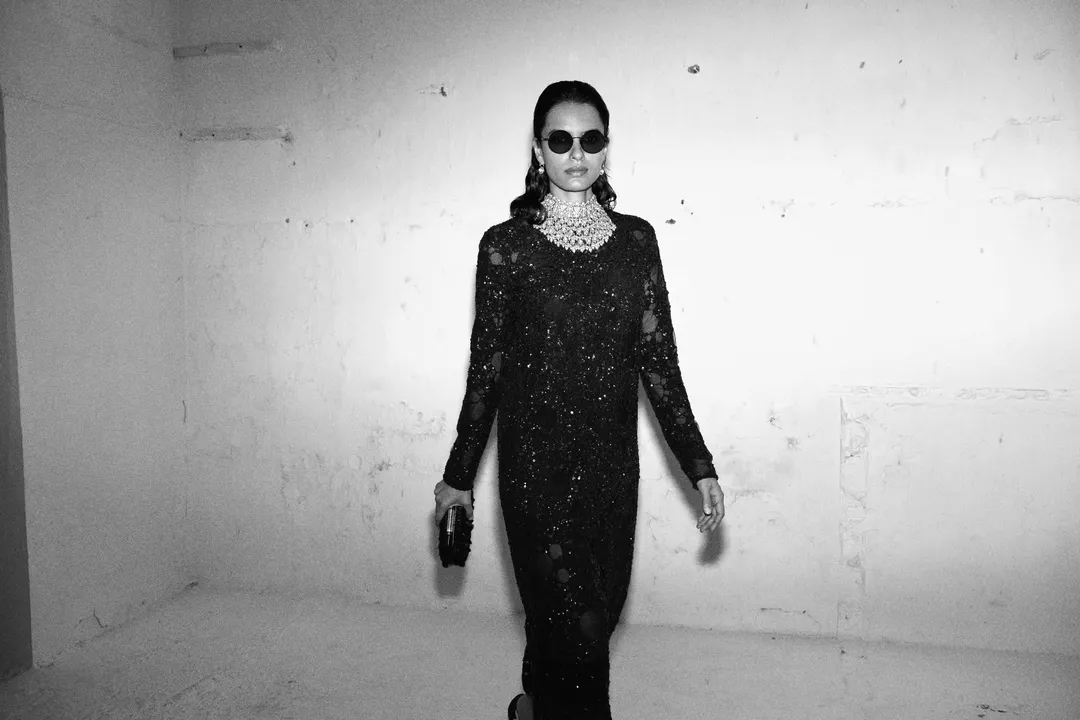 Model in Sabyasachi Mukherjee couture and jewellery, photographed inside his New York flagship store
