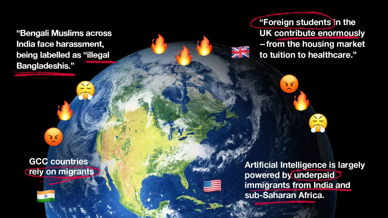 A picture of a the word with fire signs and other emojis and headlines to talk about anti immigration protests happening worldwide, including those involving immigrant labour and migrant workers whether it's calling Bengali Muslims Bangladeshis or underpaying Indian immigrants and those from Africa for AI research.
