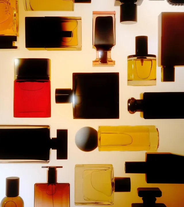 A collage of vanilla perfume bottles