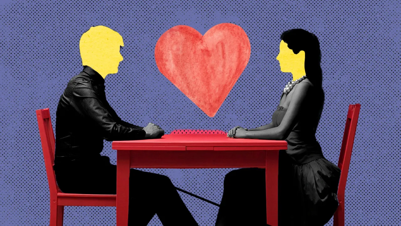 A picture of a sketch of a man and woman sitting at a table with a heart drawn in the air in the middle as a representation of changing concept of first impressions in dating, and its growing importance in the online dating vs real life scenario