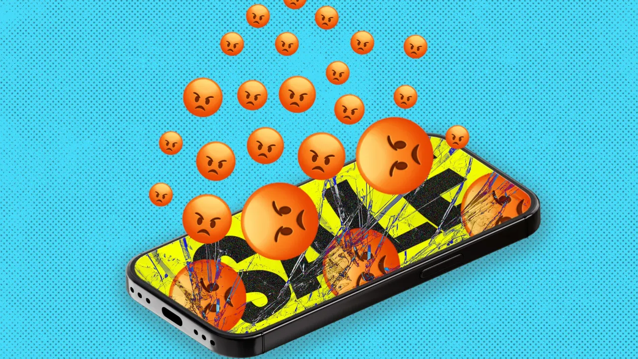  A picture of a phone with a broken screen with a sale sign with angry emojis flowing out to depict the success of rage baiting in marketing in India and the rise of outrage marketing due to the success of viral engagement 