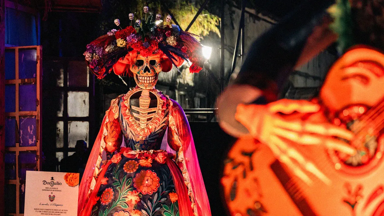  A picture of skeletal-inspired colourful art installations in Mumbai by Lourdes Villagómez artist in collaboration with Don Julio non alcoholic beverage to show the India and Mexico cultural connection 