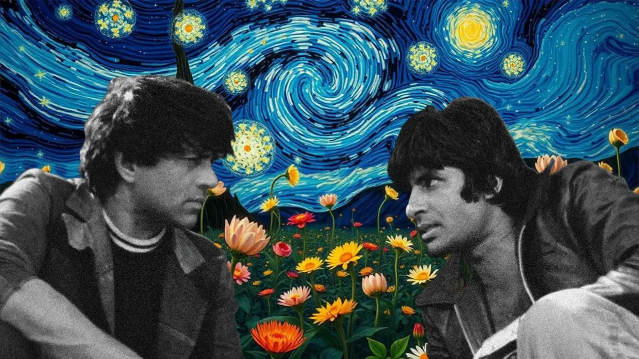  A picture of the leading men of Sholay, Dharmendra and Amitabh Bachchan, looking at each other in a garden with flowers and in a painting to depict the rise of  Queer Bollywood fanfiction especially given the lack of LGBTQ representation in Indian cinema, leading to the queer rewritings of Bollywood films like Sholay. 