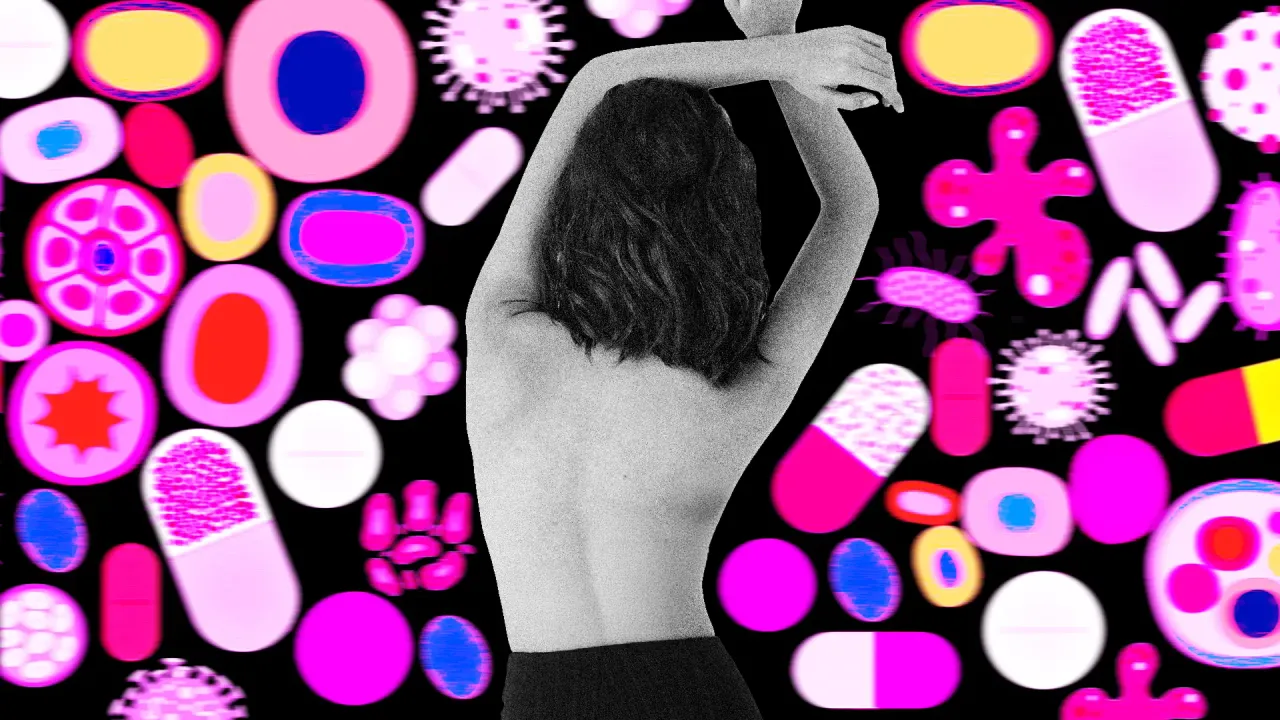  A picture of a woman's back with several colourful pills, medicines and tablets on a blac canvas in the background, suggesting autoimmune diseases in women 