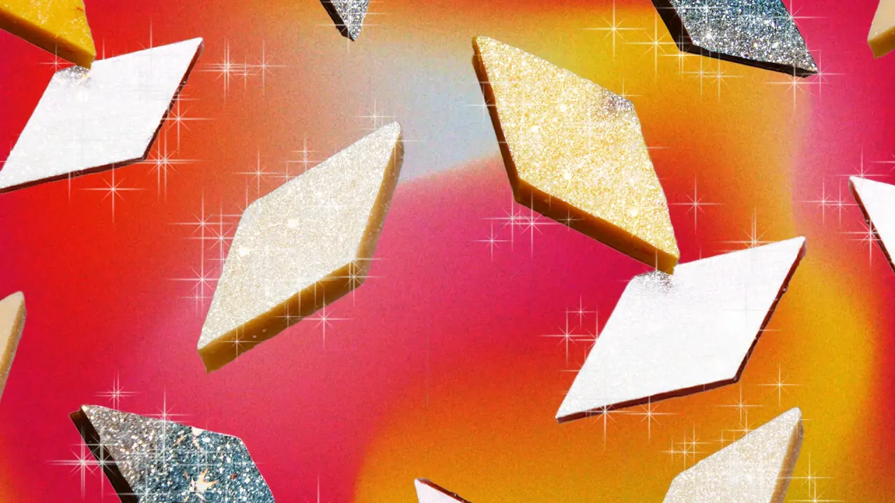  A picture of pieces of Kaju Katli shining and glittering to depict how Kaju Katli in India is considered a premium Indian mithai, which is why Kaju Katli is popular in the Indian sweet culture 