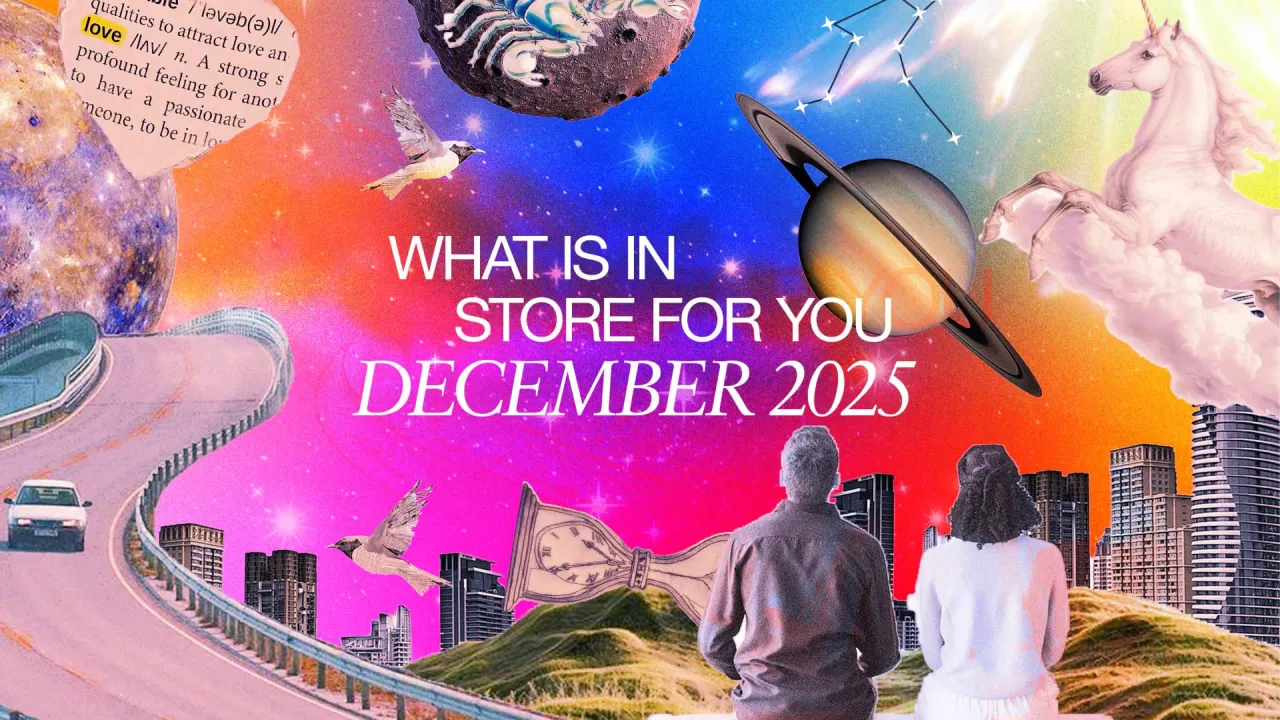  A compilation of images like a couple looking ahead, money, a car going down a road, a unicorn atop a cloud and a planet to depict astrology, working as a visual cue for December 2025 predictions and monthly horoscope for December 