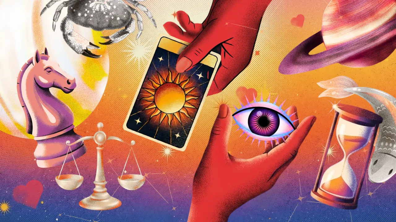 A picture of  tarot card, a chess piece, a crab and other elements to portray Zodiac predictions 2026 that involve Planetary transits 2026 to show Annual horoscope 2026