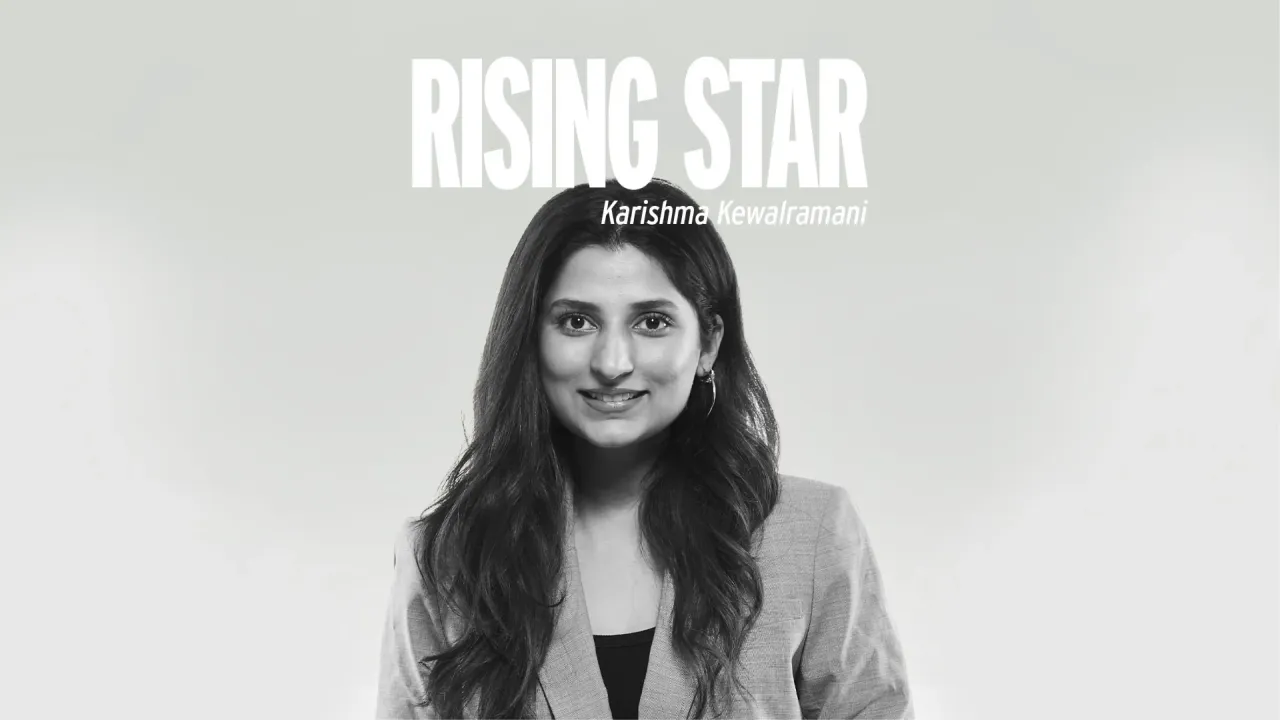 A black and white image of Karishma Kewalramani from FAE Beauty